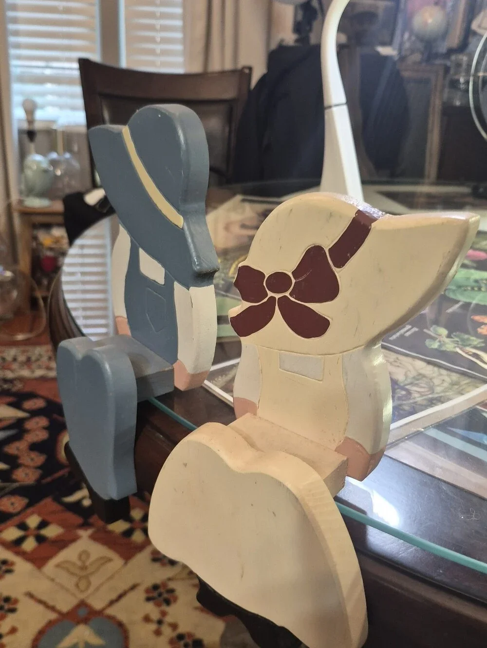 Handcrafted Blue and Cream Sunbonnet Wooden Figurine Pair - Unbranded